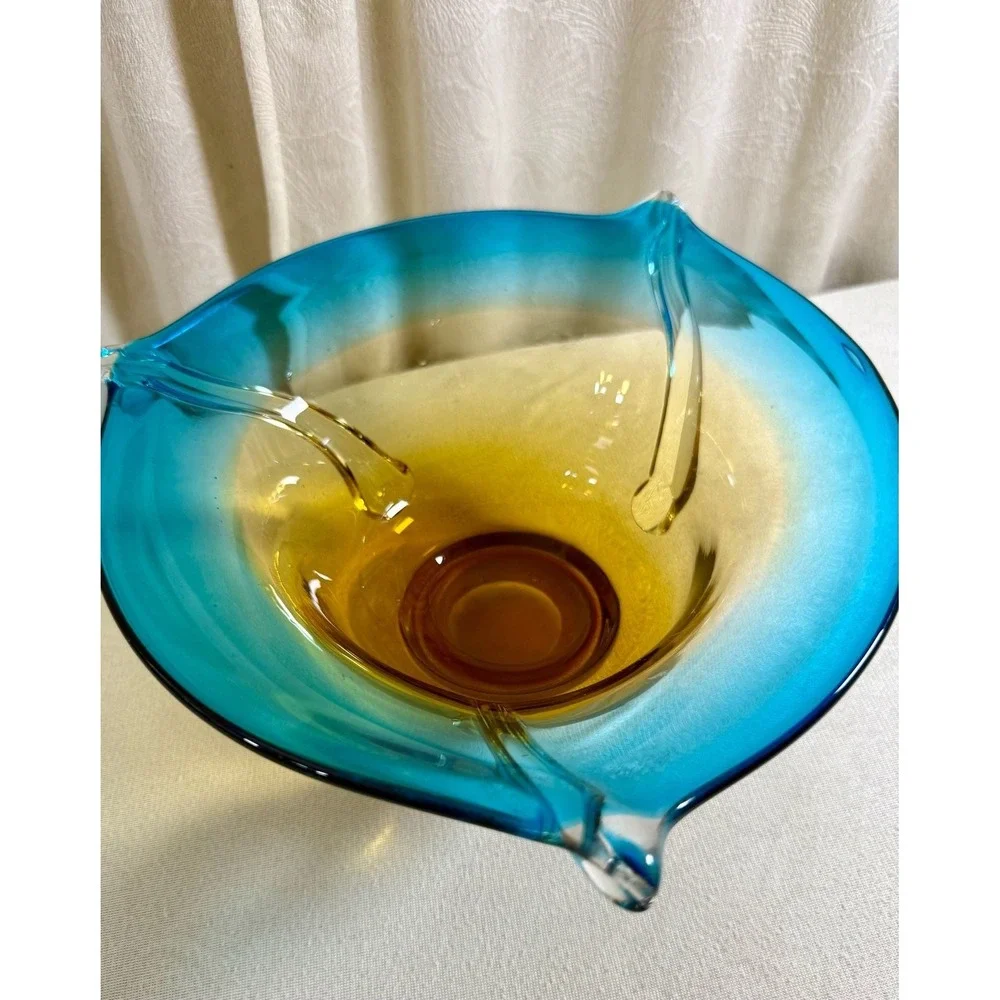 Mid-Century Modern Hand Blown Art Glass Console Bowl in Turquoise and Amber